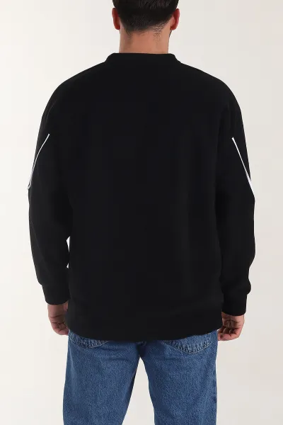 Siyah Bisiklet Yaka Polar Kumaş Yazı Detaylı Erkek Sweatshirt 404252