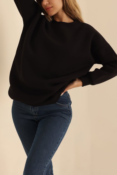 Siyah Bisiklet Yaka Şardonlu Sweat 216601
