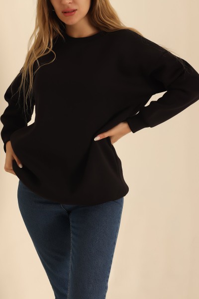 Siyah Bisiklet Yaka Şardonlu Sweat 216601