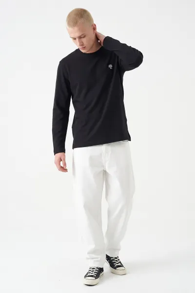 Siyah Bisiklet Yaka Sırt Nakış Detaylı Erkek Sweatshirt 491991