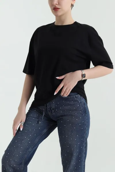 Siyah Bisiklet Yaka Süprem Kadın Tişört 442722