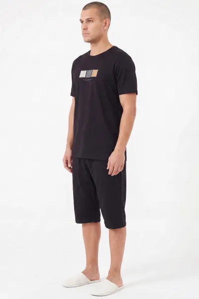 Siyah Bisiklet Yaka Yazı Detaylı Erkek Şortlu Pijama Takımı 465812
