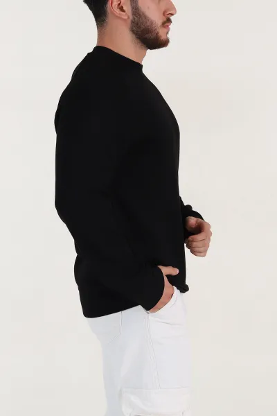 Siyah Bisiklet Yaka Yazı Detaylı Erkek Sweatshirt 396241