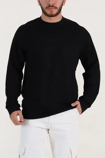 Siyah Bisiklet Yaka Yazı Detaylı Erkek Sweatshirt 396241