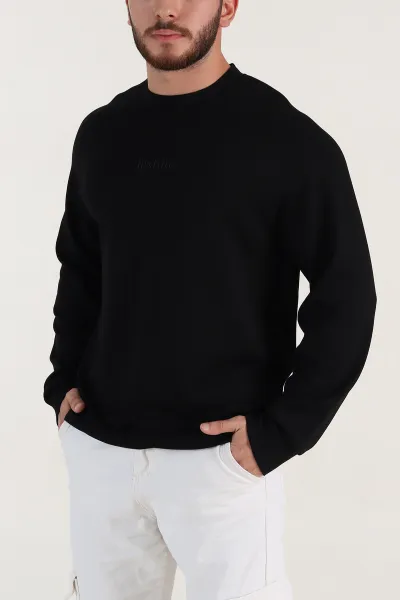 Siyah Bisiklet Yaka Yazı Detaylı Erkek Sweatshirt 396241