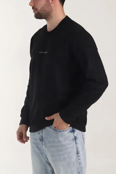 Siyah Bisiklet Yaka Yazı Detaylı Erkek Sweatshirt 404792