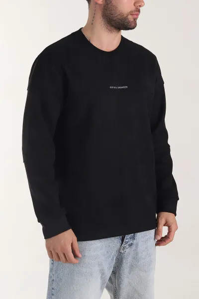 Siyah Bisiklet Yaka Yazı Detaylı Erkek Sweatshirt 404792