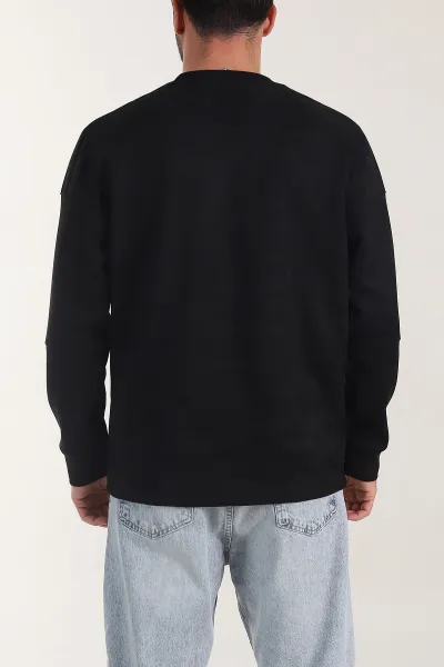 Siyah Bisiklet Yaka Yazı Detaylı Erkek Sweatshirt 404792