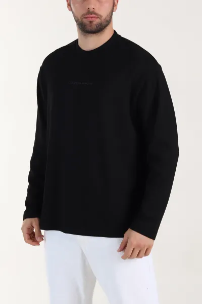Siyah Bisiklet Yaka Yazı Detaylı Erkek Sweatshirt 409092