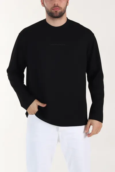 Siyah Bisiklet Yaka Yazı Detaylı Erkek Sweatshirt 409092