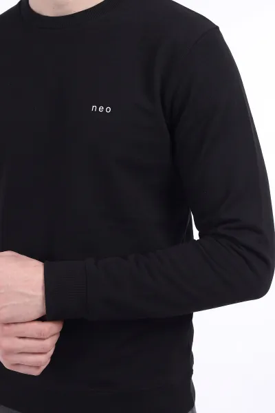 Siyah Bisiklet Yaka Yazı Detaylı Erkek Sweatshirt 492042