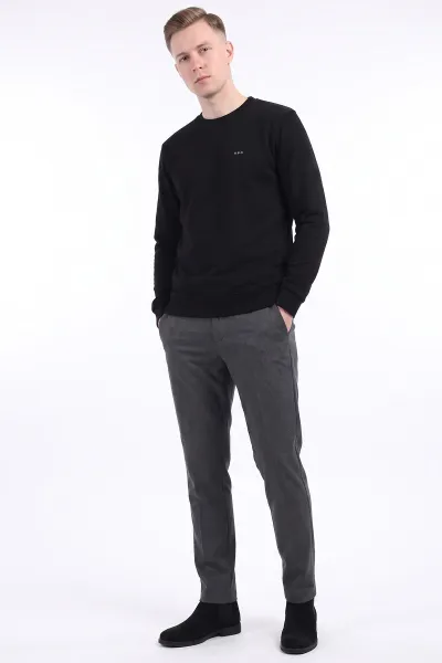 Siyah Bisiklet Yaka Yazı Detaylı Erkek Sweatshirt 492042