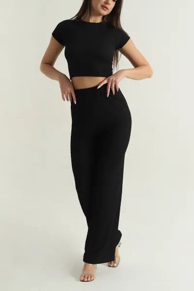 Siyah Bluz Pantolon Gofre Kadın İkili Takım 377535