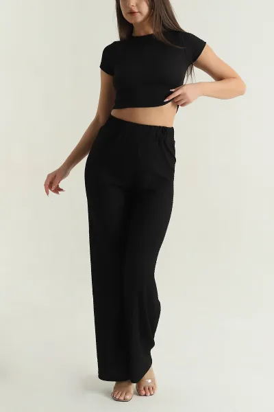 Siyah Bluz Pantolon Gofre Kadın İkili Takım 377535