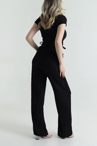 Siyah Bluz Pantolon Gofre Kadın İkili Takım 458366