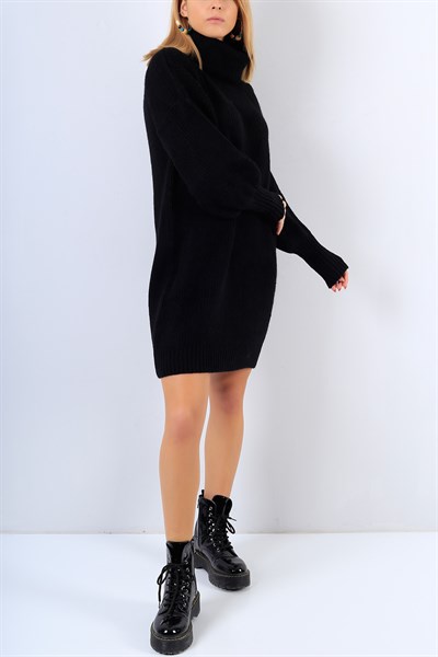 Siyah Boğazlı Triko Elbise 22010B