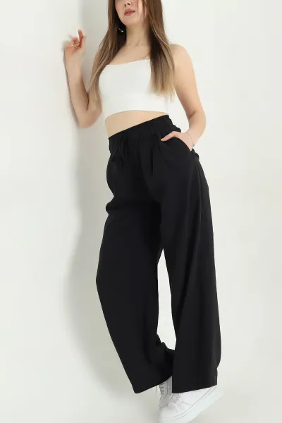 Siyah Bol Paça Bel Lastikli Modal Kadın Pantolon 337599