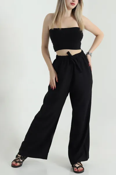 Siyah Bol Paça Keten Kadın Pantolon 471552