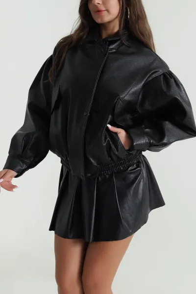 Siyah Bomber Deri Kadın Mont 489336