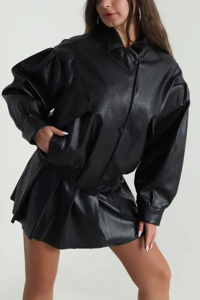 Siyah Bomber Deri Kadın Mont 489336