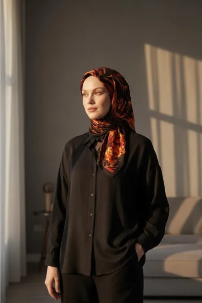 Siyah - Bordo 90x90 Cm Dijital Baskılı Edenia Desen Soft Eşarp 498551