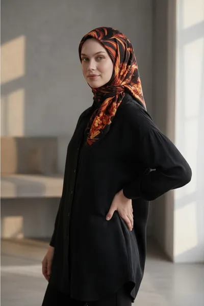 Siyah - Bordo 90x90 Cm Dijital Baskılı Edenia Desen Soft Eşarp 498551