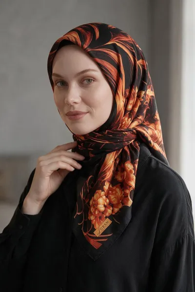 Siyah - Bordo 90x90 Cm Dijital Baskılı Edenia Desen Soft Eşarp 498551