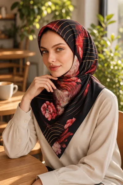 Siyah - Bordo 90x90 Cm Dijital Baskılı Flora Desen Kutulu Twill Eşarp 500979