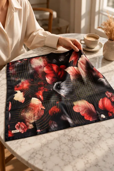 Siyah - Bordo 90x90 Cm Dijital Baskılı Flora Desen Kutulu Twill Eşarp 500979