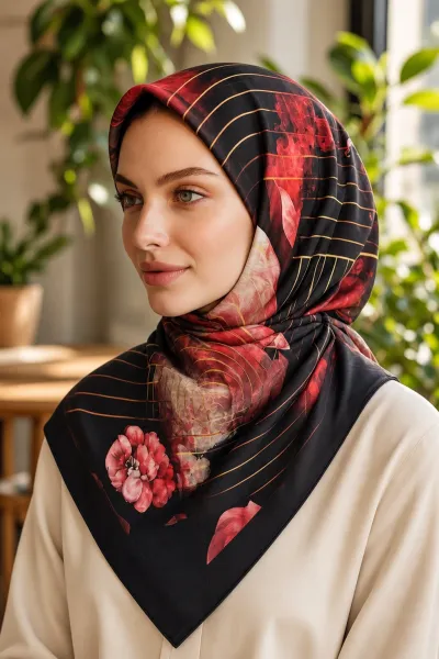 Siyah - Bordo 90x90 Cm Dijital Baskılı Flora Desen Kutulu Twill Eşarp 500979