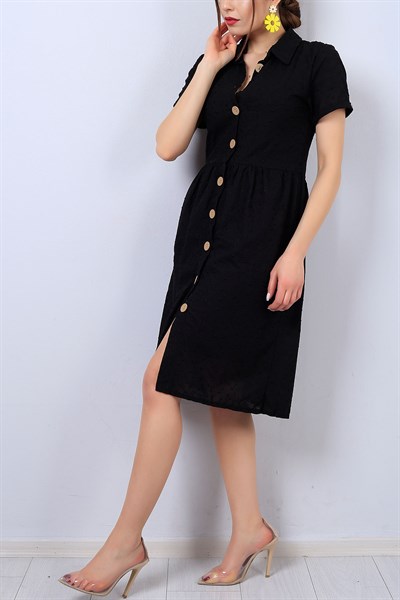 Siyah Boydan Düğmeli Desenli  Elbise 13557B