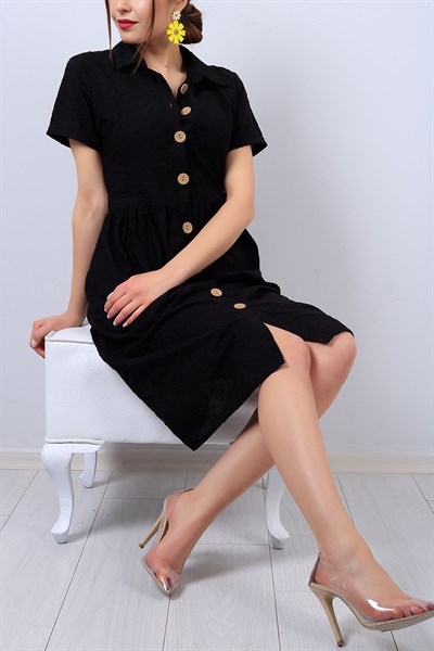 Siyah Boydan Düğmeli Desenli  Elbise 13557B