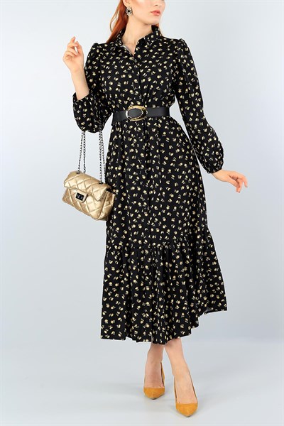 Siyah Boydan Düğmeli Desenli Elbise 40462