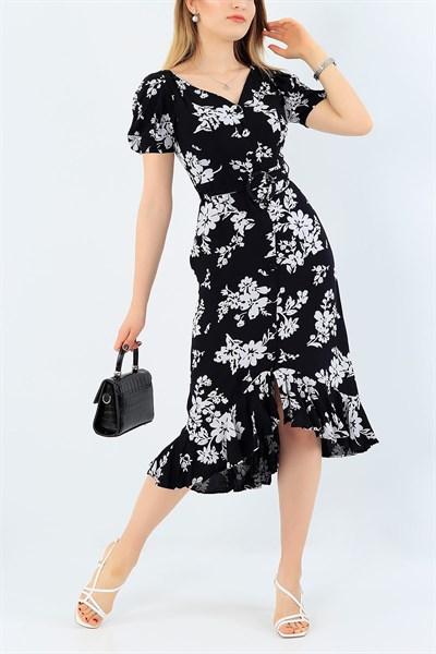 Siyah Boydan Düğmeli Eteği Fırfırlı Elbise 36008