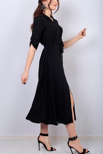 Siyah Boydan Düğmeli Kemerli Elbise 14672B