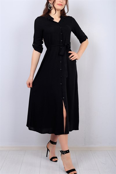 Siyah Boydan Düğmeli Kemerli Elbise 14672B