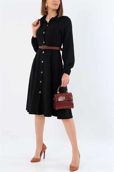Siyah Boydan Düğmeli Kemerli Elbise 30311B