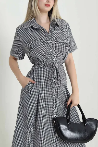 Siyah Boydan Düğmeli Poplin Kadın Elbise 470196