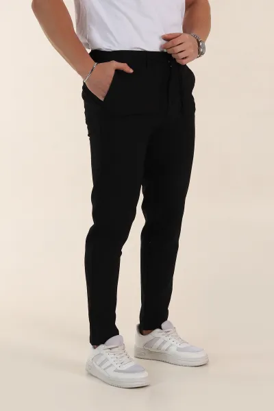 Siyah Boyfriend Bel Arkası Lastikli Gofre Kumaş Erkek Pantolon 344983
