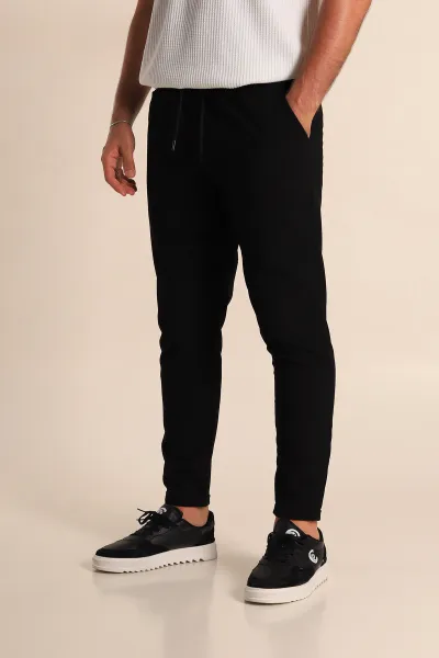 Siyah Boyfriend Belden Bağlamalı Duble Paça Erkek Kumaş Pantolon 280076
