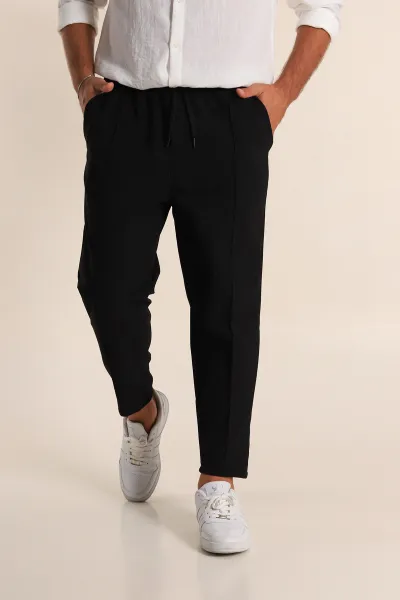 Siyah Boyfriend Fit Gofre Kumaş Çimalı Erkek Kumaş Pantolon 290543