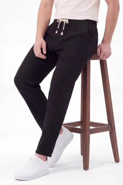 Siyah Boyfriend Ham Keten Belden Bağlamalı Erkek Pantolon 459592