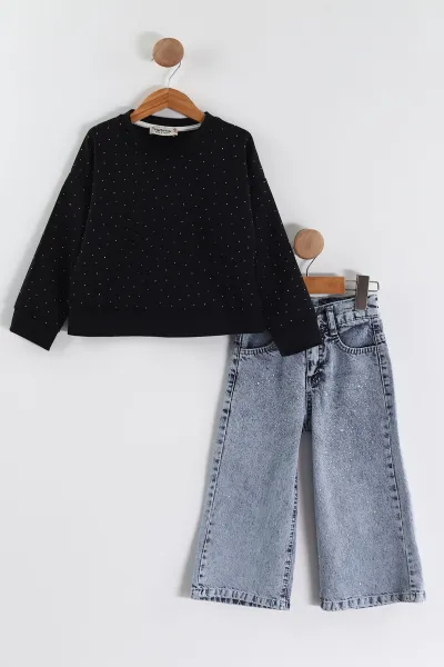 Siyah Buz Mavi(3-10 Yaş)   Taş Baskılı  Oysho Sweatli Kot Pantolonlu Kız Çocuk 2'li Takım 439891