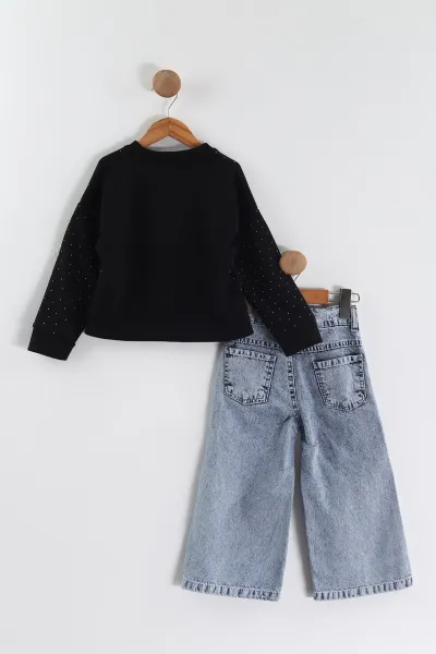Siyah Buz Mavi(3-10 Yaş)   Taş Baskılı  Oysho Sweatli Kot Pantolonlu Kız Çocuk 2'li Takım 439891