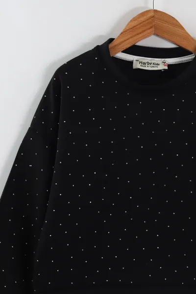 Siyah Buz Mavi(3-10 Yaş)   Taş Baskılı  Oysho Sweatli Kot Pantolonlu Kız Çocuk 2'li Takım 439891