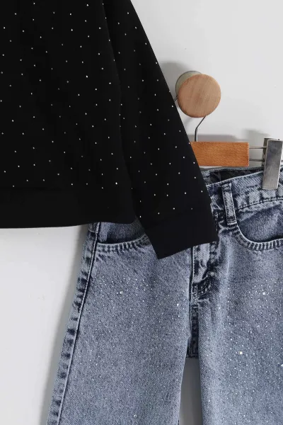 Siyah Buz Mavi(3-10 Yaş)   Taş Baskılı  Oysho Sweatli Kot Pantolonlu Kız Çocuk 2'li Takım 439891