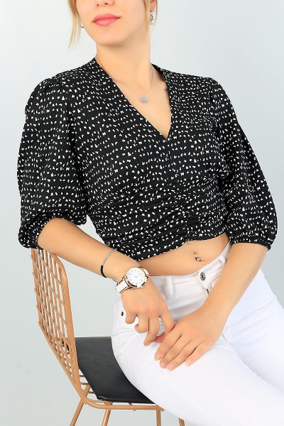 Siyah Büzgü Tasarım V Yaka Bluz 67655