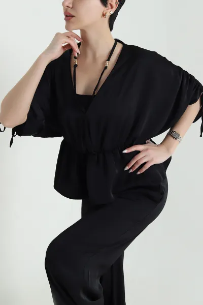 Siyah Büzgülü Bel Lastikli Saten Kadın İkili Takım 443902