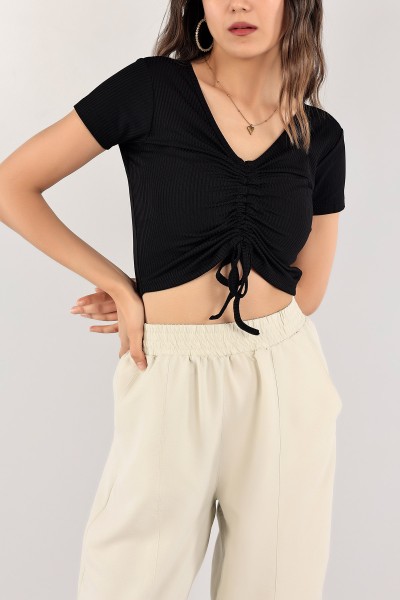 Siyah Büzgülü Crop Bluz 114157