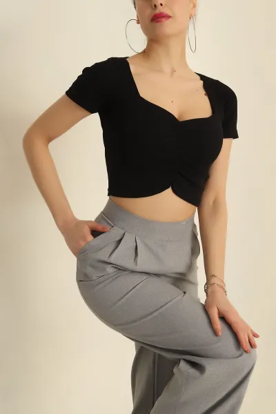 Siyah Büzgülü Fitilli Bluz 251423